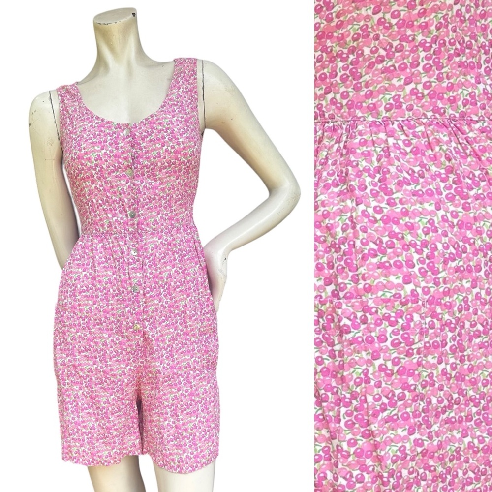 Vintage Y2K Express Pink Cherry Print Sleeveless Tie Back Coquette Romper 1/2